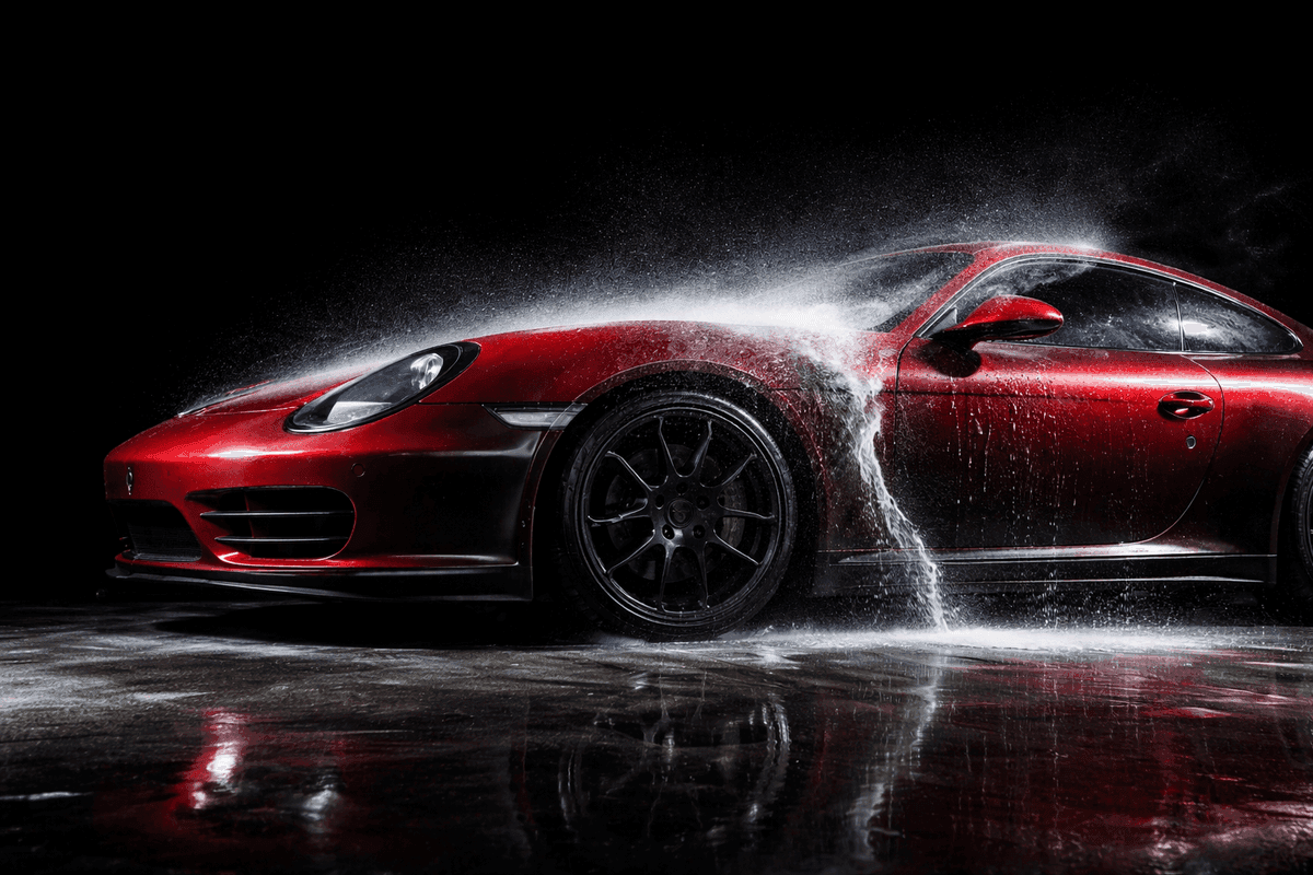 Red sports car covered in water spray at The Rodeo Lane